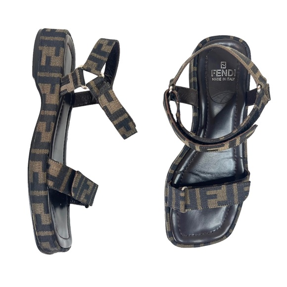 Fendi Shoes - Fendi Scarpe Womens Vintage Zucca Logo Print Open Square Toe Brown Black Sandals